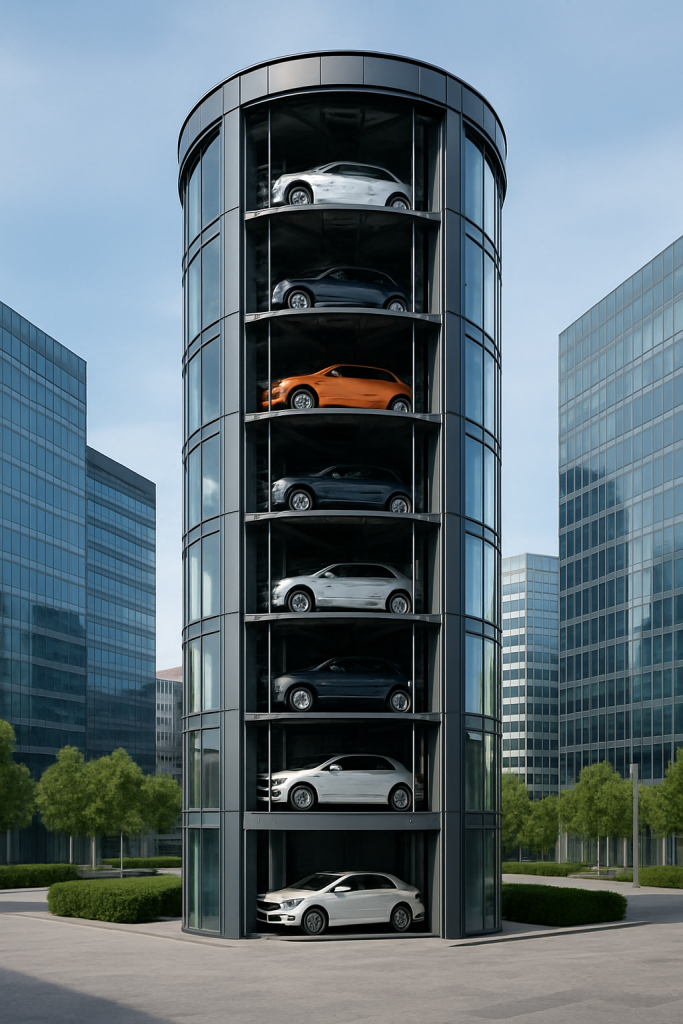 Torre automatizada de estacionamiento con elevadores para autos en varios niveles dentro de un entorno urbano moderno.