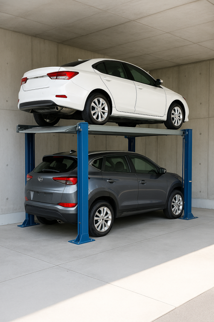 Sistema de elevadores de auto en un estacionamiento moderno con dos vehículos en plataformas elevadas