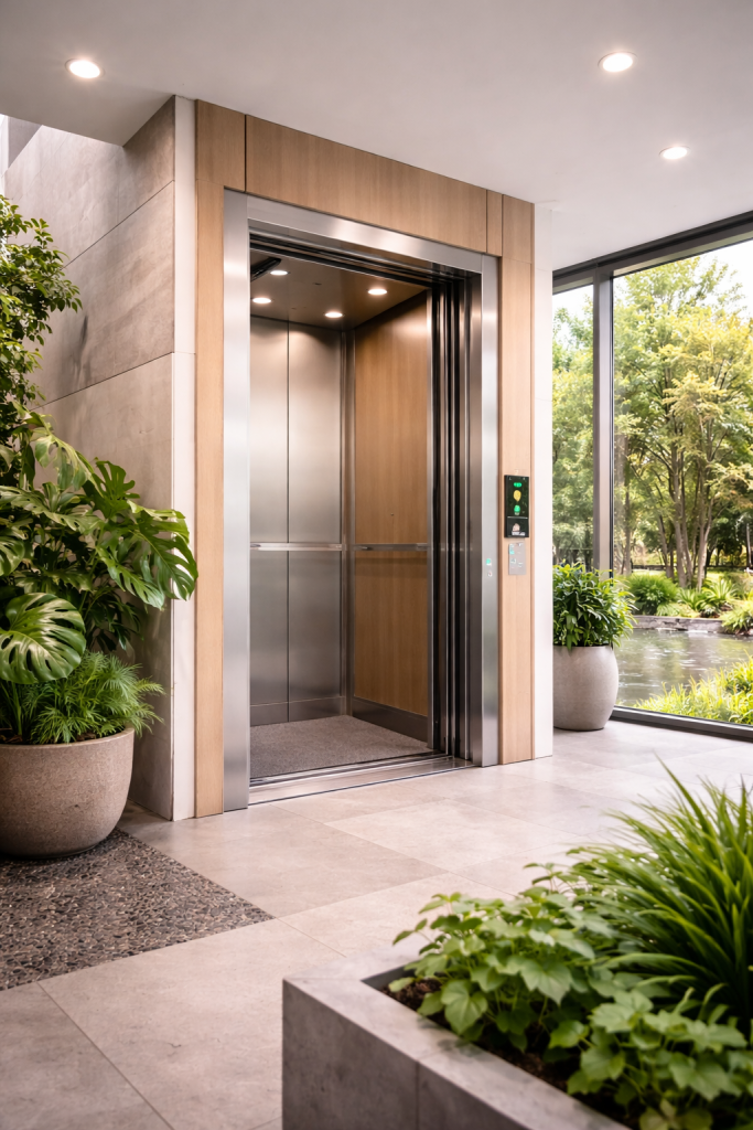 Elevador ecológico de tracción sin aceite instalado en edificio moderno con diseño sostenible y alta eficiencia energética