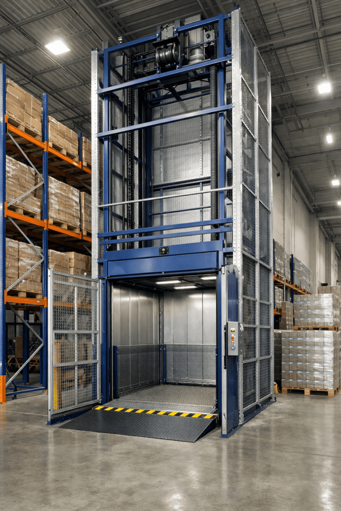Elevador montacargas industrial instalado en nave logística mostrando estructura vertical para carga pesada