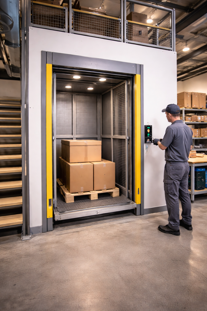 Montacargas compacto industrial instalado en taller con carga ligera operando en espacio reducido y entorno de almacén