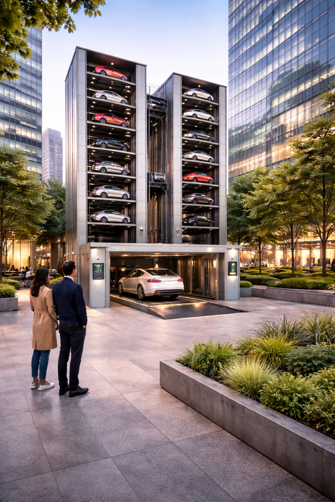 Sistema de estacionamiento vertical automatizado para edificios urbanos con plataformas apiladas en entorno moderno