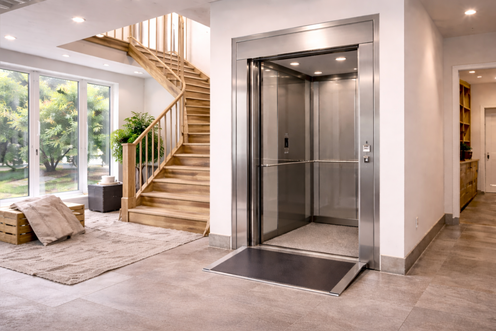 Elevador residencial sin foso instalado en vivienda moderna mostrando plataforma elevada junto a escalera interior