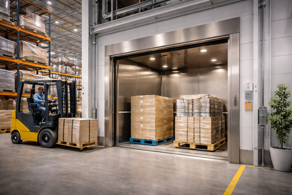 Elevador montacargas industrial en nave logística transportando pallets entre niveles con estructura metálica robusta