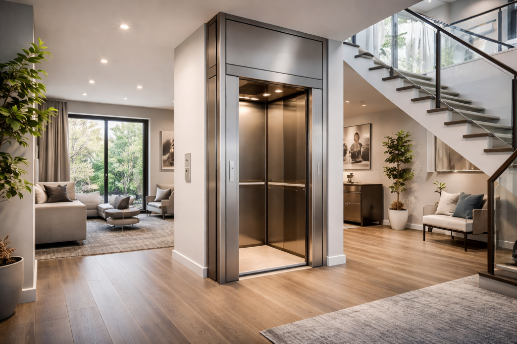 Elevador residencial en vivienda de dos pisos con cabina moderna integrada en casa contemporánea