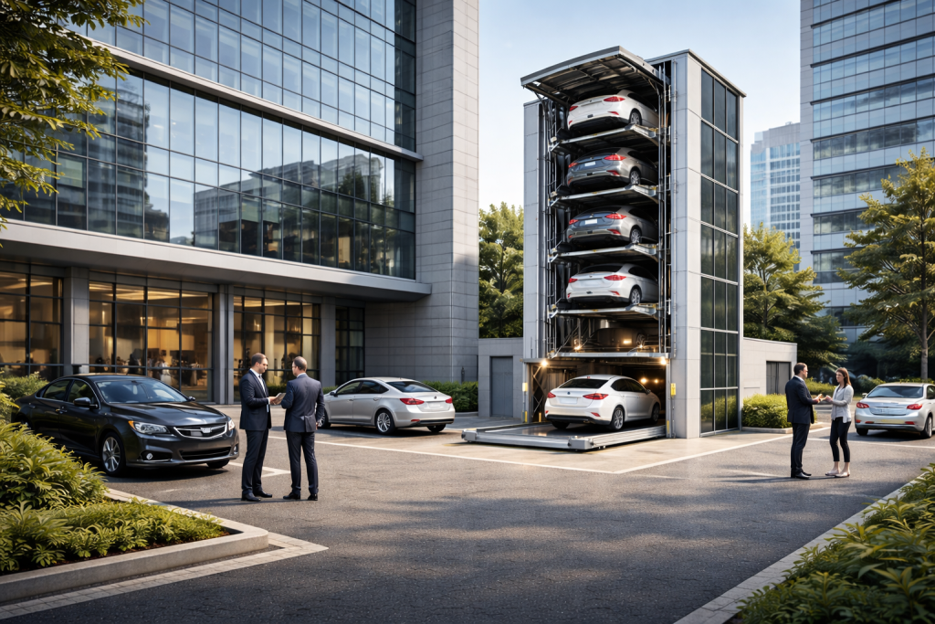 Estacionamiento mecánico en edificio corporativo con torre vertical y vehículos apilados en entorno empresarial moderno