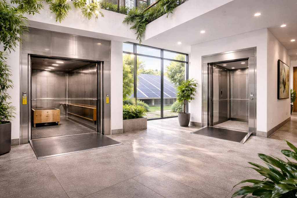 Montacargas y elevador residencial ecológicos en edificio sostenible con luz natural, vegetación interior y paneles solares