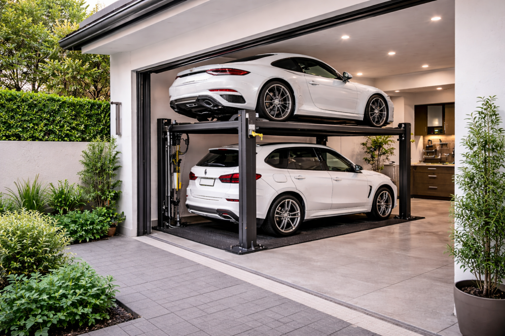 Parking lift residencial para casas con terrenos reducidos instalado en garaje compacto con dos autos en vertical