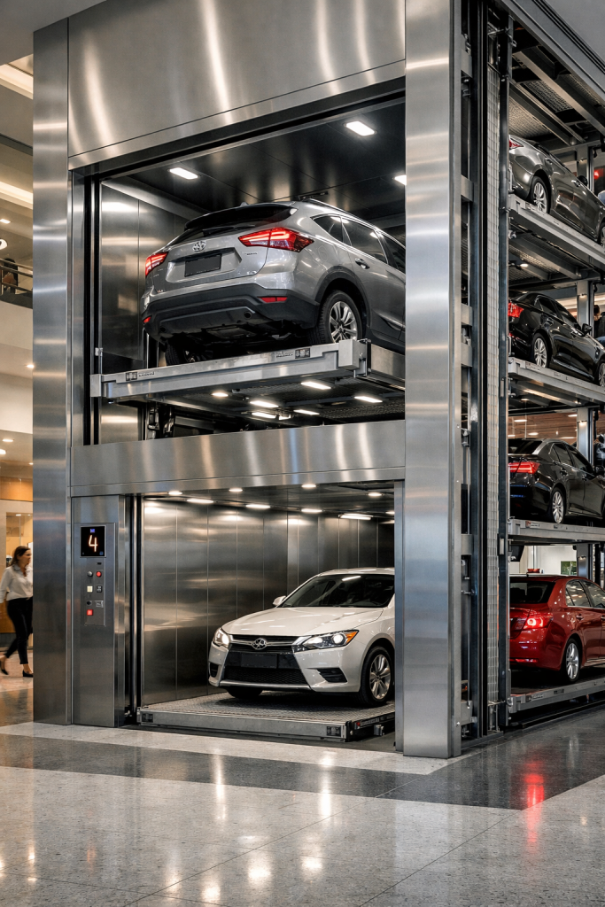 elevador comercial para autos en México en edificio de alto tráfico con sistema de estacionamiento vertical