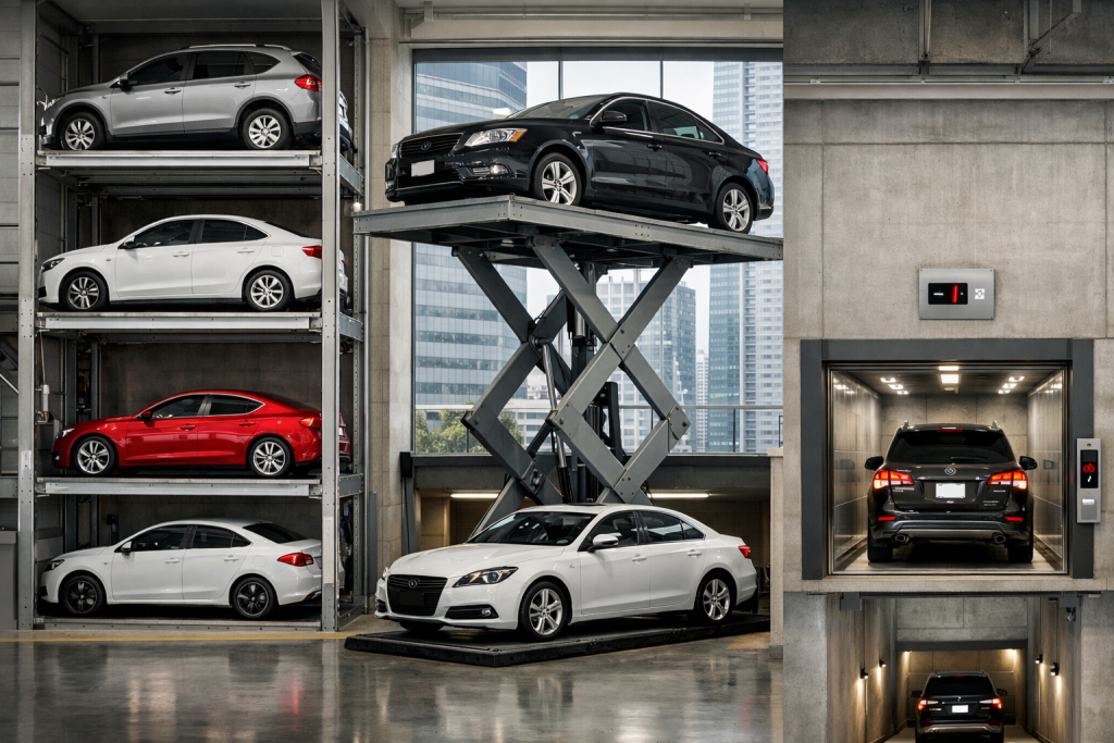 elevadores para autos en edificio moderno con sistema de estacionamiento vertical según tipo de uso
