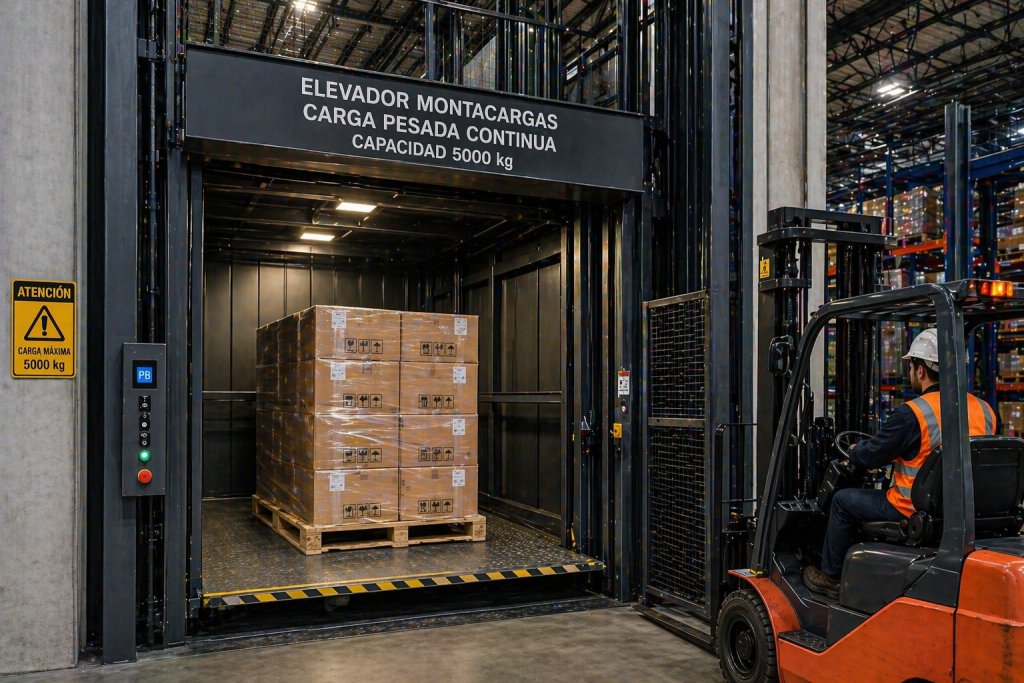 elevador montacargas industrial para carga pesada continua en México en operación logística