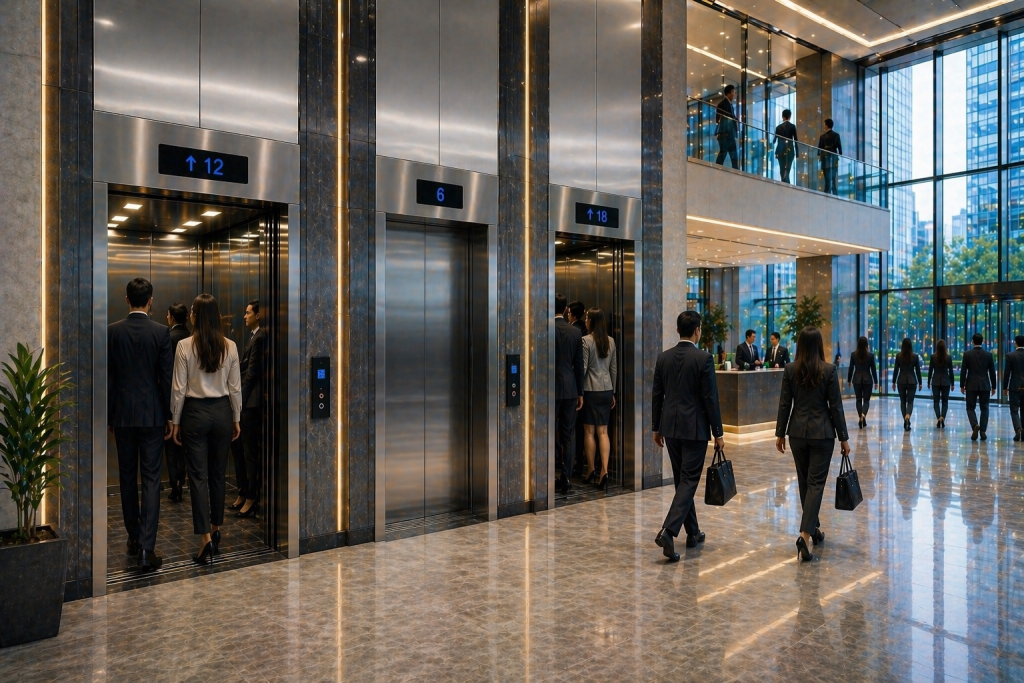 sistema de elevadores comerciales en México en edificio moderno con alto flujo y diseño eficiente
