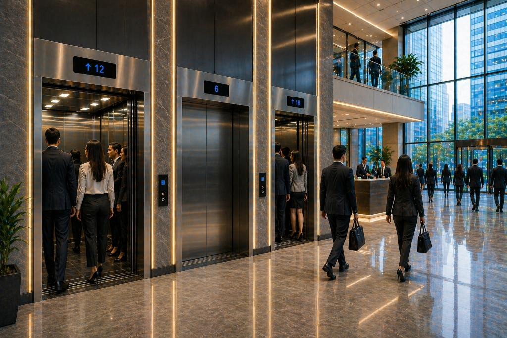 elevadores comerciales en México en edificio moderno con alto flujo y tecnología eficiente