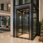 elevador residencial moderno en casa de lujo en México con cabina de vidrio y diseño minimalista