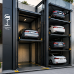 Elevador para estacionamiento vertical en México con autos en plataforma moderna
