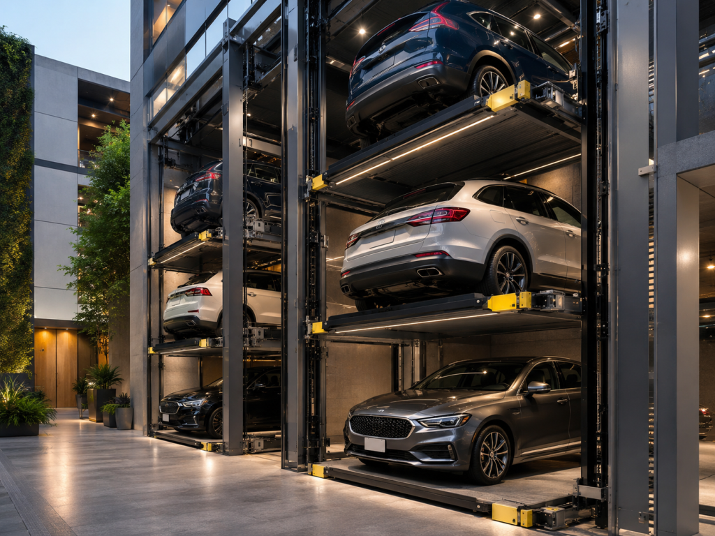 Sistema de estacionamiento vertical en México con autos en plataformas modernas