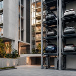 Sistema de estacionamiento vertical para edificios en México con autos en plataformas modernas