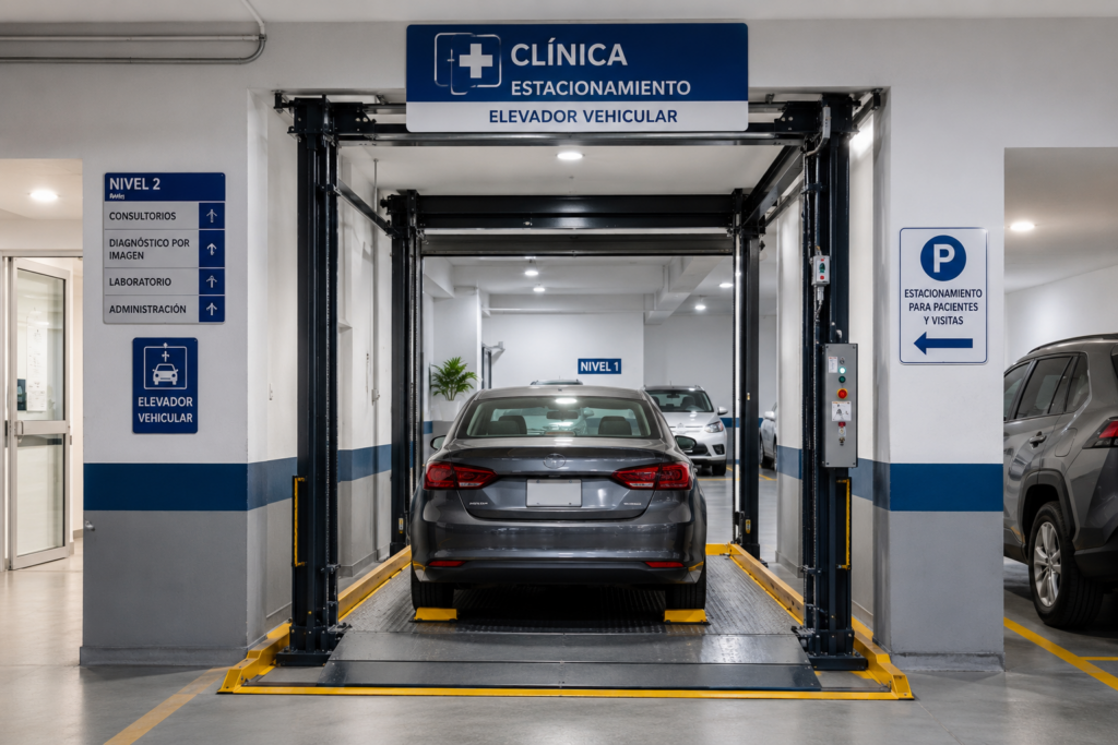 Elevadores comerciales para clínicas en México con plataforma vehicular y circulación de autos organizada.