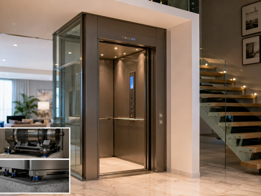 Elevadores residenciales silenciosos en México con motor aislado, puertas ajustadas y estructura antivibración.