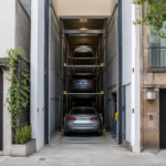 Estacionamiento vertical para frentes angostos con acceso alineado y plataformas distribuidas hacia el fondo.