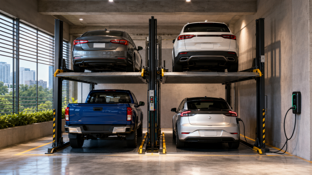 Sistema vertical para distintos vehículos en México con plataformas para sedanes, SUV, pickups y autos eléctricos.